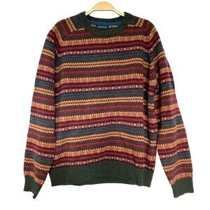 Lands End Lambswool Fair Isle Sweater Men  L Green Multicolor 80s Cosby Style